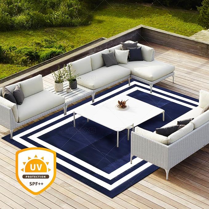 5'x 8' Outdoor Rug,Waterproof Reversible Patio Rugs,5x8 ft Plastic Straw Outdoor Carpet Foldable Plastic Camping Mat for Outside RV, Patio,Picnic,Camper,Balcony,Porch(Navy Blue &White)