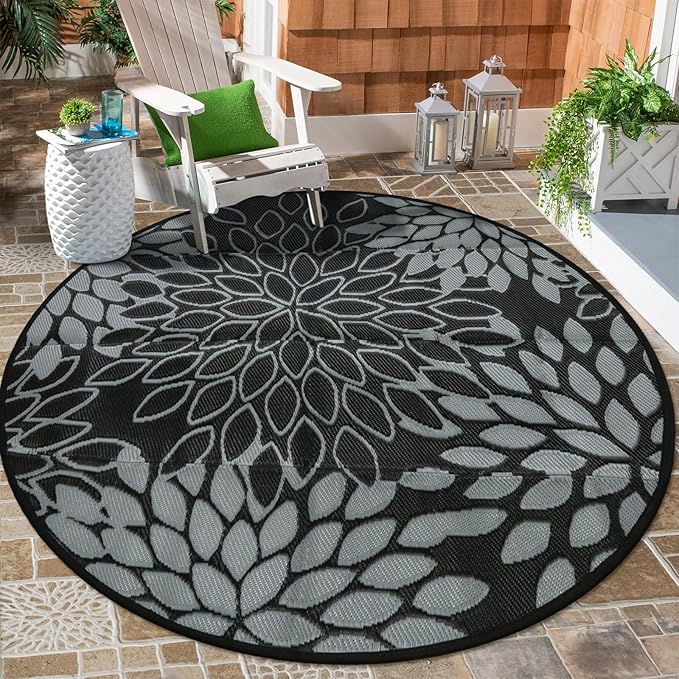 Anidaroel Round Outdoor Rugs 6' for Patio Clearance, Waterproof Reversible Tropical Plastic Straw Patio Rug, Outdoor Area Rug Floor Mat for RV Camping, Porch, Pool Deck, Balcony, Picnic(6ft)