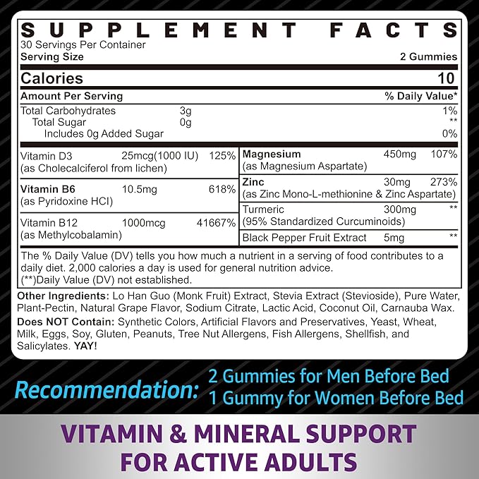 Zinc and Magnesium Supplement, Zinc Magnesium Aspartate Post Workout Gummies for Men Women, w/Vitamin B6, B12, D3, Turmeric for Nighttime Muscle Recovery, Boost Immunity & Sleep, Sugar Free, 120 Cts
