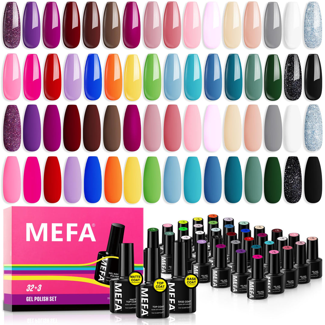 Mefa 35 Pcs Gel Nail Polish Set, 32 Colors Spring Collection Gel Nail Polish Kit With Base Coat No Wipe Glossy&Matte Top Coat Pi