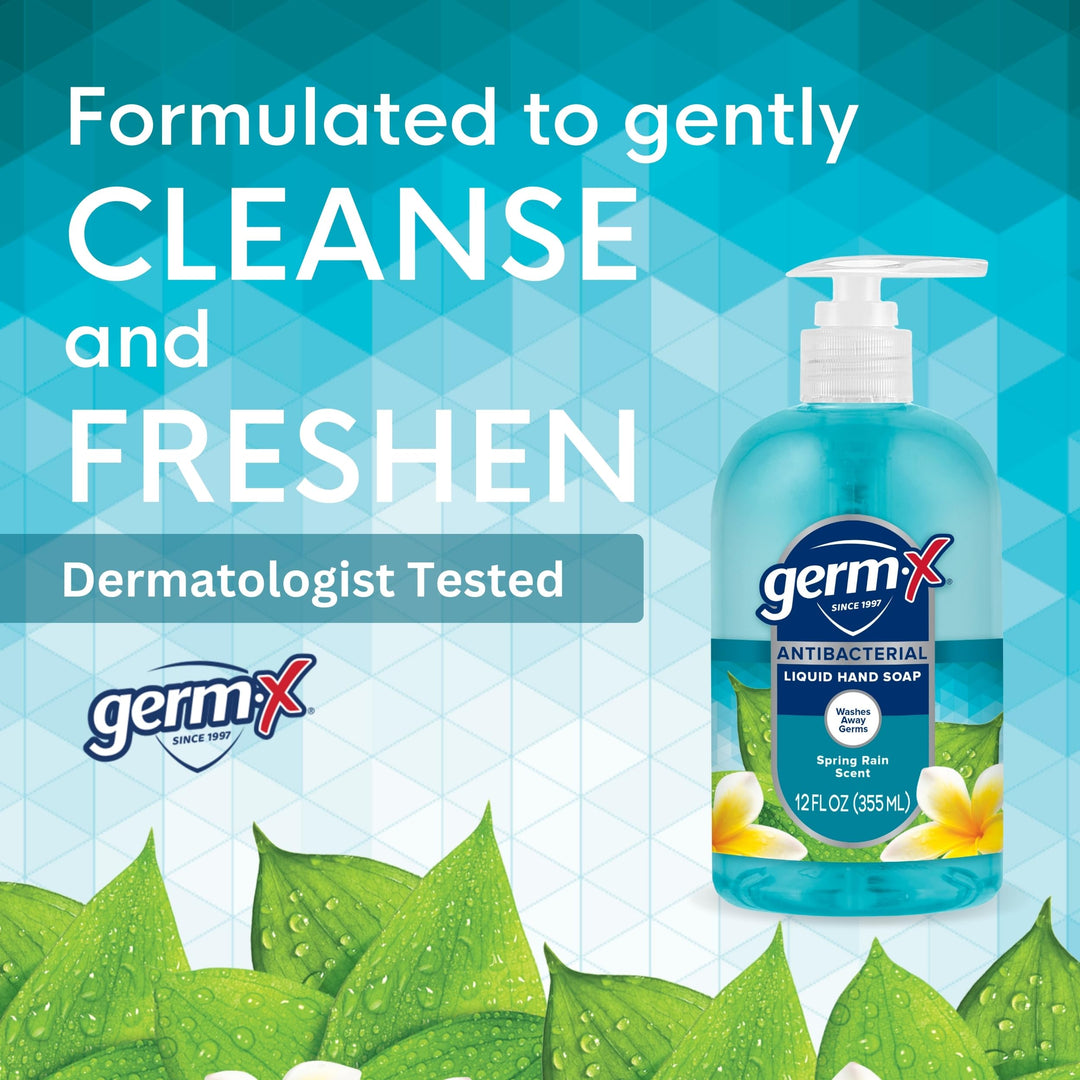 Germ-X Antibacterial Hand Soap, Moisturizing Liquid Hand Wash for Kitchen or Bathroom, pH Balanced & Dermatologist Tested, Spring Rain, 12 oz Pump Bottle (Pack of 4)