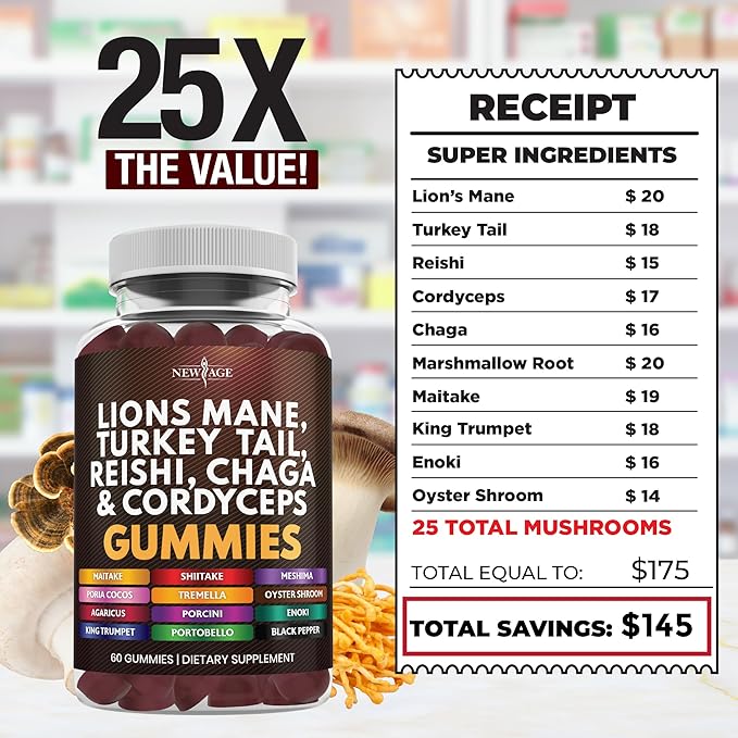 NEW AGE Mushroom Lion's Mane Supplement Gummies - Comprehensive Mushroom Supplement for Cognitive & Immune Support, with Reishi, Cordyceps - 120 Count