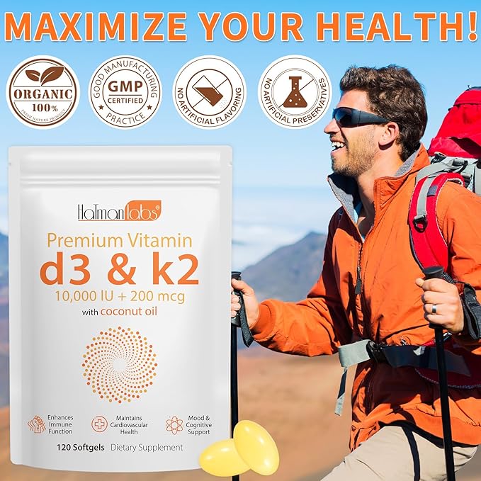 Vitamin D3 K2 Supplement Softgel, Vitamin D3 K2 Softgel with 10000 IU Supports Immune, Heart, Teeth & Bone Health, Free of GMO, Gluten, Soy