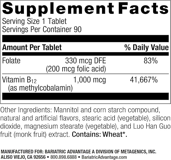 Bariatric Advantage B-12 Speedy Melts, Vitamin B12 1000 mcg Supplement, Fast Melting with 200 mcg of Folic Acid for Nutritional Support - Peppermint, 90 Count