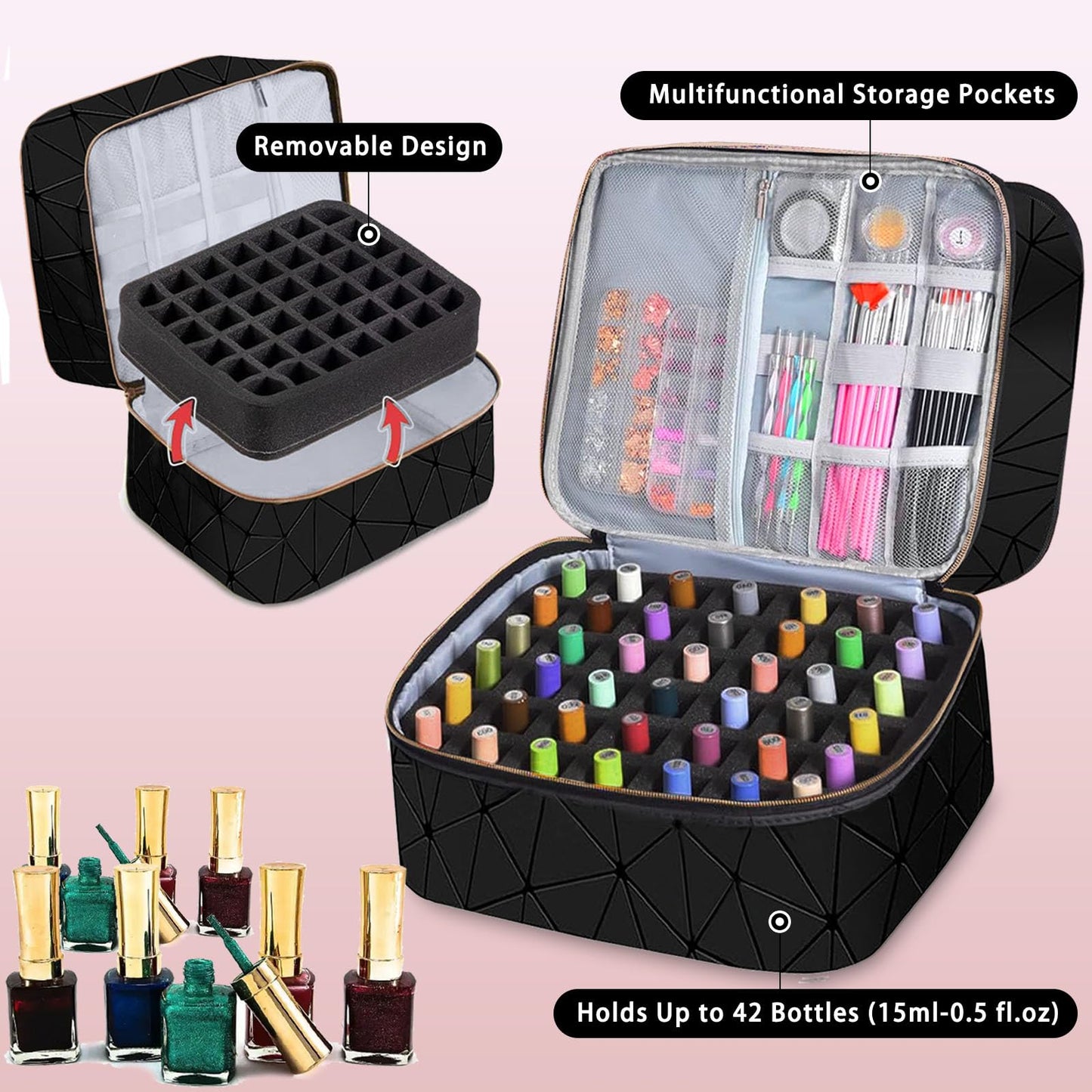 3-Layer Travel Makeup Bag,Nail Polish Organizer,Nail Tools Storage,2 in 1 Removable Polish Package,Waterproof,Adjustable Dividers Compartment,Holds 84 Bottles of 15ML Nail Polish