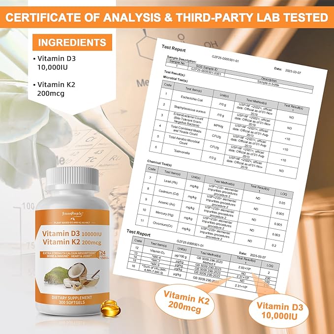 Vitamin D3 10,000 IU + K2 (MK-7) 200mcg w/Coconut Oil Softgels | 300-Count 2-in-1 Vegan vitamina d3 con k2 for Bone Health & Immune Support |Enhanced Absorption, Non-GMO, Easy to Swallow