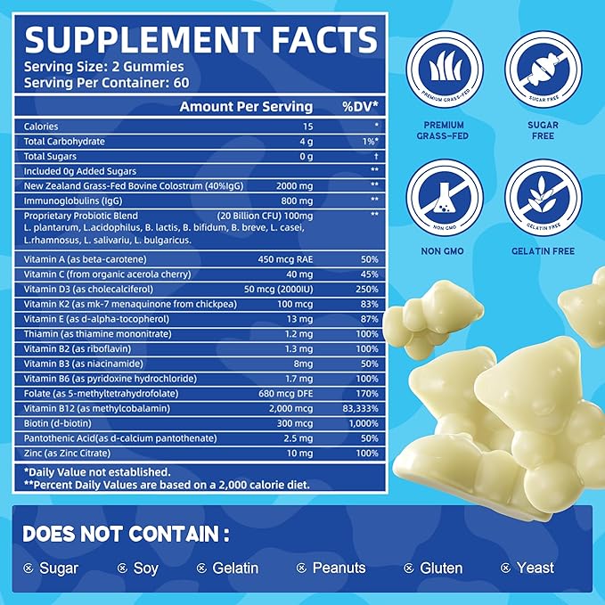 Grass Fed Colostrum Supplement 2000mg, 120 Gummies Sugar Free 40% IgG Bovine Colostrum Gummies + Probiotic, Multivitamin Etc for Immune Support, Gut Support, Hair & Skin
