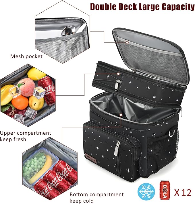 MIYCOO Lunch Bag & Lunch Box for Men Women Double Deck - Leakproof Insulated Soft Large Adult Lunch Cooler Bag for Work (Black Starry Sky,15L)
