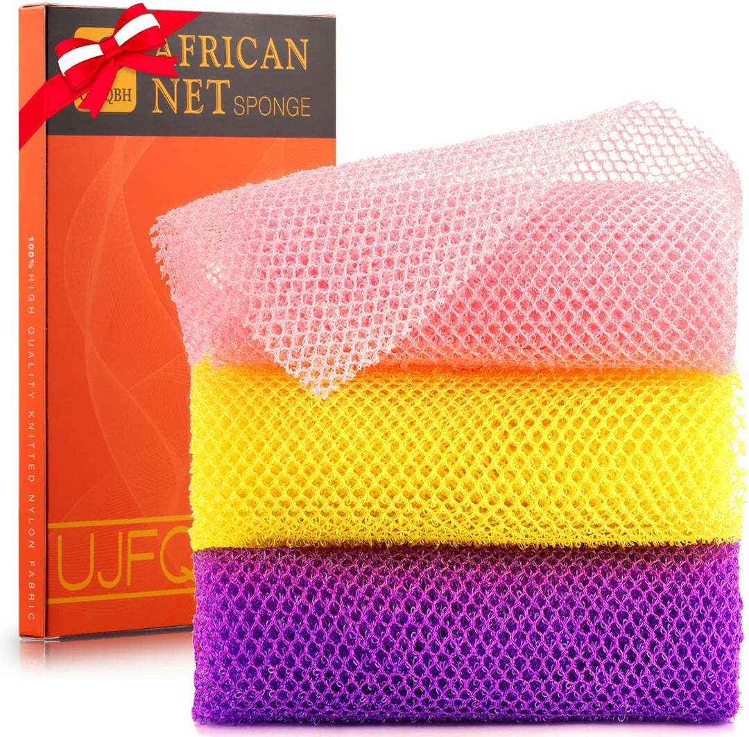 3-Piece African Net Bath Sponge Set | Exfoliating Body Scrubber | Blue