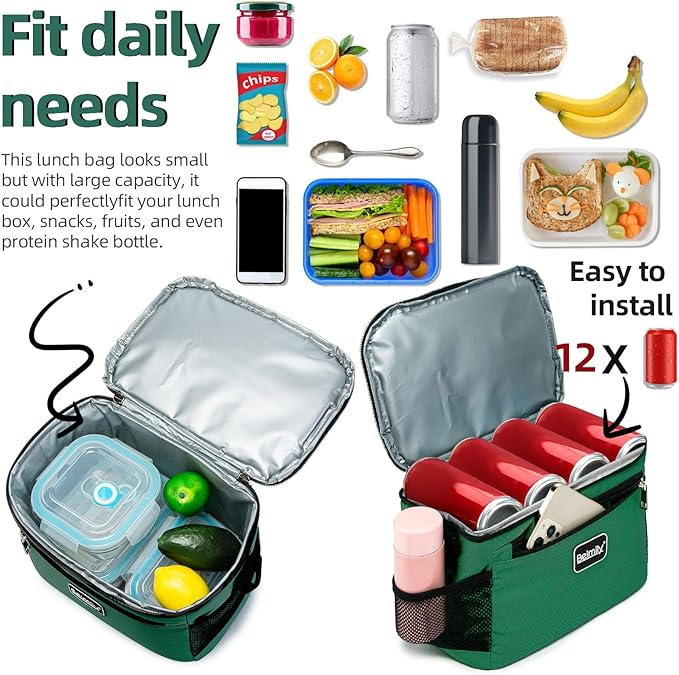 BEIMILY Lunch Box for Men/Women,Small Insulated Lunch Bag,Reusable LunchBox for work Picnic Beach,Leakproof Soft Cooler Tote Bag Organizer with Adjustable Shoulder Strap for Adults(Blackish Green)