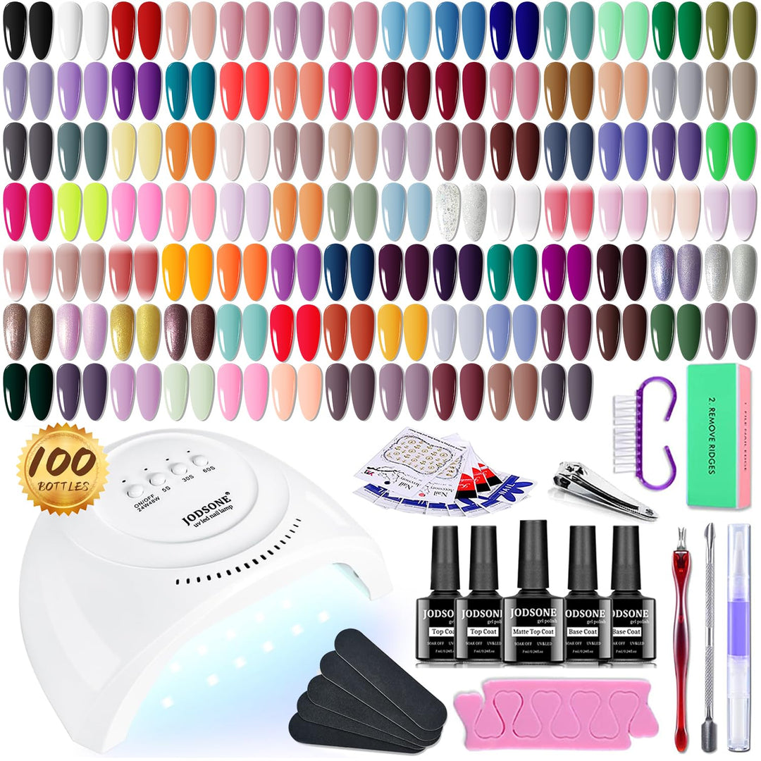 Jodsone 100 Bottles Of Gel Nail Polish Kit With U V Led Light 95 Multiple Glossy Glitter Colors Mint Green Light Pink Nail Gel B