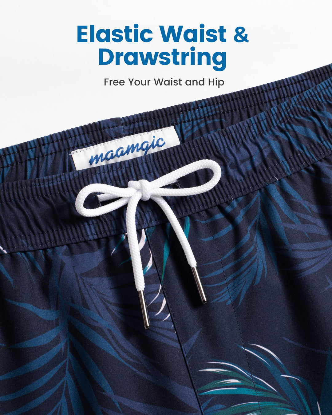 maamgic Mens Swim Trunks with Compression Liner 5" Stretch Athletic Swimming shorts Quick Dry with Zipper Pockets No-Chafing Board Shorts Navy-Pink Leaf Silhouette X-Small