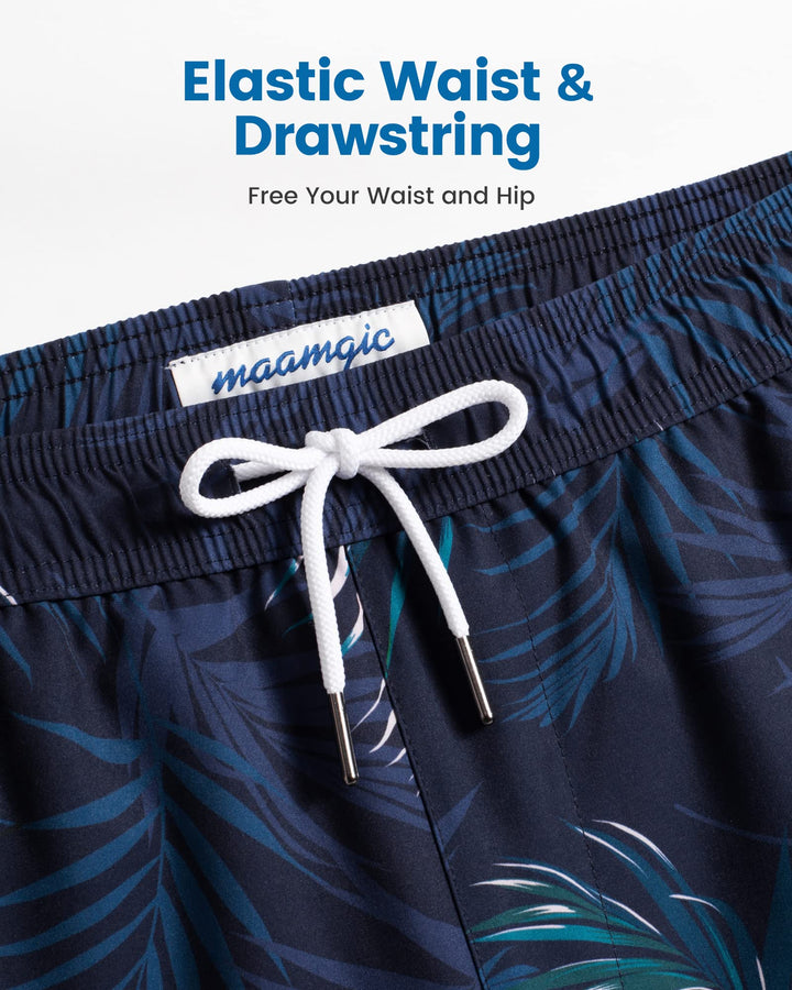 maamgic Mens Swim Trunks with Compression Liner 5" Stretch Athletic Swimming shorts Quick Dry with Zipper Pockets No-Chafing Board Shorts Navy-Pink Leaf Silhouette X-Small