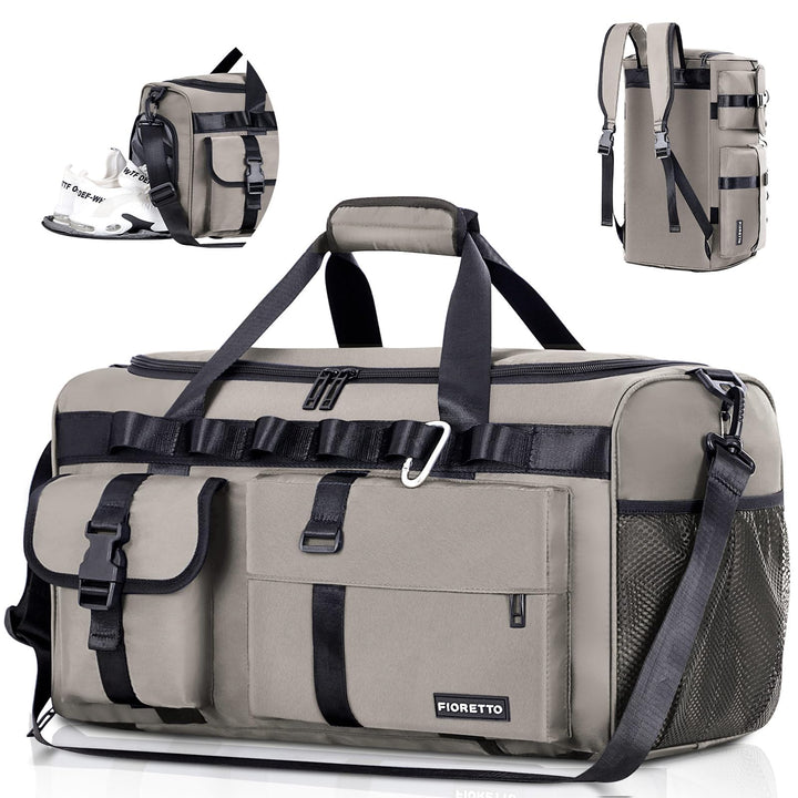 FIORETTO Women's Men's Water-Resistant Gym Duffle Bag with Shoes Compartment, 45L Capacity, Multi-Functional, Ideal for Travel, Gym, Sports, Weekender, Grey