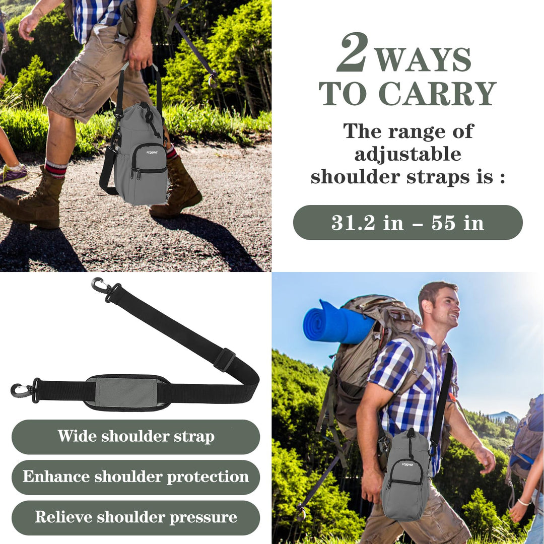 FCQQYWZ 25/32/40 oz Water Bottle Carrier Bag Sling Case, Sports Insulated Crossbody Water Bottle Holder with Adjustable Shoulder Strap and 4 Pockets for Men Women Hiking Camping Travelling (GRAY)