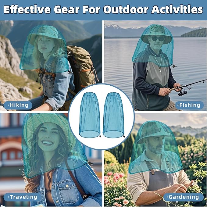 2 Pack Ultra Large Mosquito Net 42x25 Inches Mosquito Head Net Oversized Insect Netting Bug Fits Most Hats for Gardening Hiking Fishing Traveling(Blue)