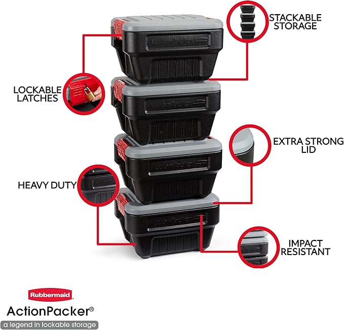 Rubbermaid® ActionPacker®️ 8 Gal Lockable Storage Box Pack of 4, Outdoor, Industrial, Rugged, Grey and Black