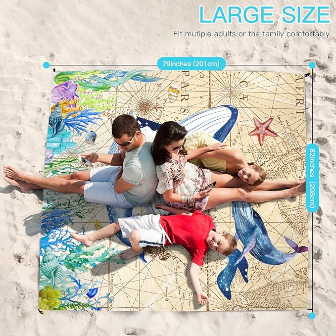 Beach Blanket, Sandproof Beach Mat 79" X 82" for 4-7 Adults, Large Waterproof Beach Blanket Quick Drying Lightweight Beach Blanket with 4 Stakes for Travel Camping Hiking(Whale)
