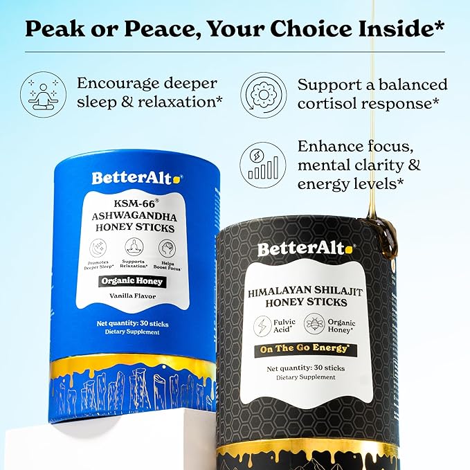 Better Alt Ashwagandha & Classic Shilajit Honey Sticks | KSM-66 Ashwagandha, Pure Himalayan Shilajit with Organic Multiflora Honey & Saffron | 60 Sticks |Energy & Immune Support Supplement (Classic + Ashwagandha)