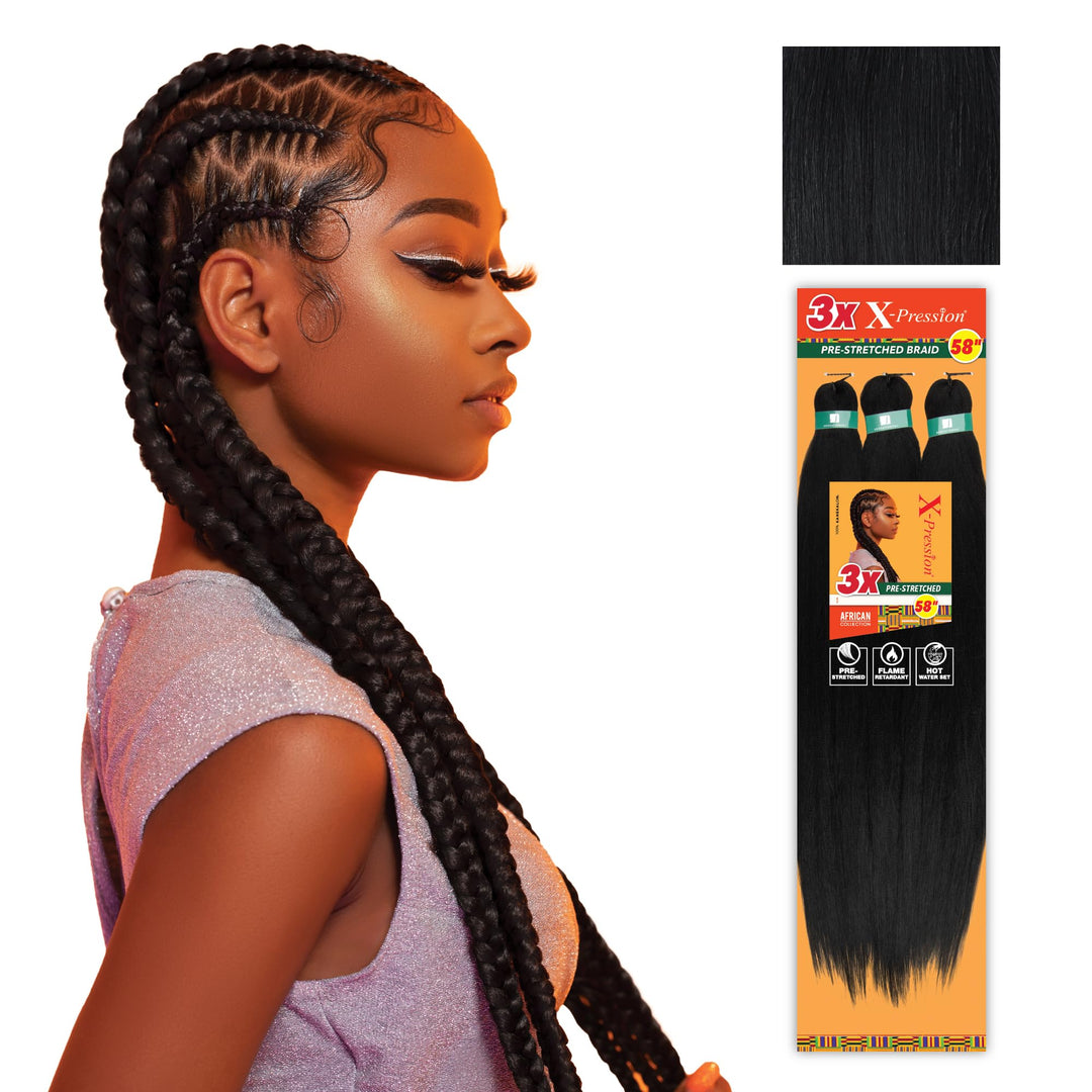 Sensationnel X-pression prestretched braiding hair - 3x braid 58 inch all kanekalon flame retardant synthetic braid for box braids and twists (1 pack, 1 JETBLACK)