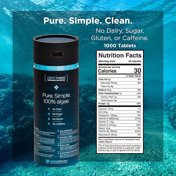 ENERGYBITS - Organic Spirulina Tablets - Plant-Based Algae Superfood - for Focus, Fitness, Energy - Plant Protein - Gluten Free - Collagen, Vitamin B12, Omega 3 - Keto & Vegan - 1000 Tablets Canister