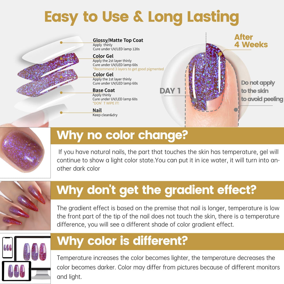 YTD Likomey Brocade Glitter Color Changing Gel Nail Polish,15ml Light Purple To Jujube Red Shimmer Mood Temperature Change Colors Iridescent Flakes,Spring Summer Thermal UV Nail Gel,WB340