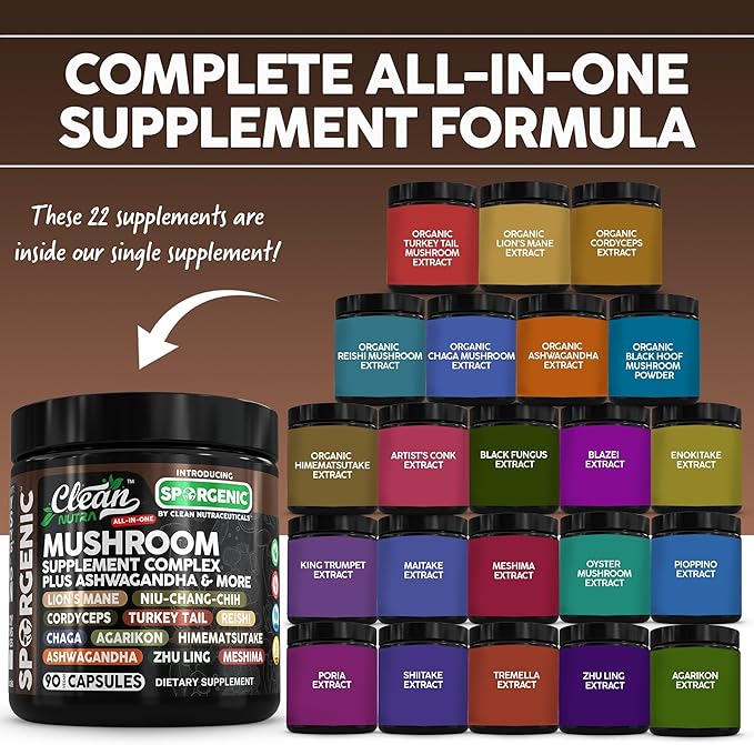Organic Mushroom Supplement | Ashwagandha Lions Mane Cordyceps Turkey Tail Reishi Mushrooms Maca Root Black Hoof Chaga Tremella Agarikon Shiitake Oyster Powder Capsules Sporgenic by Clean Nutra (1)