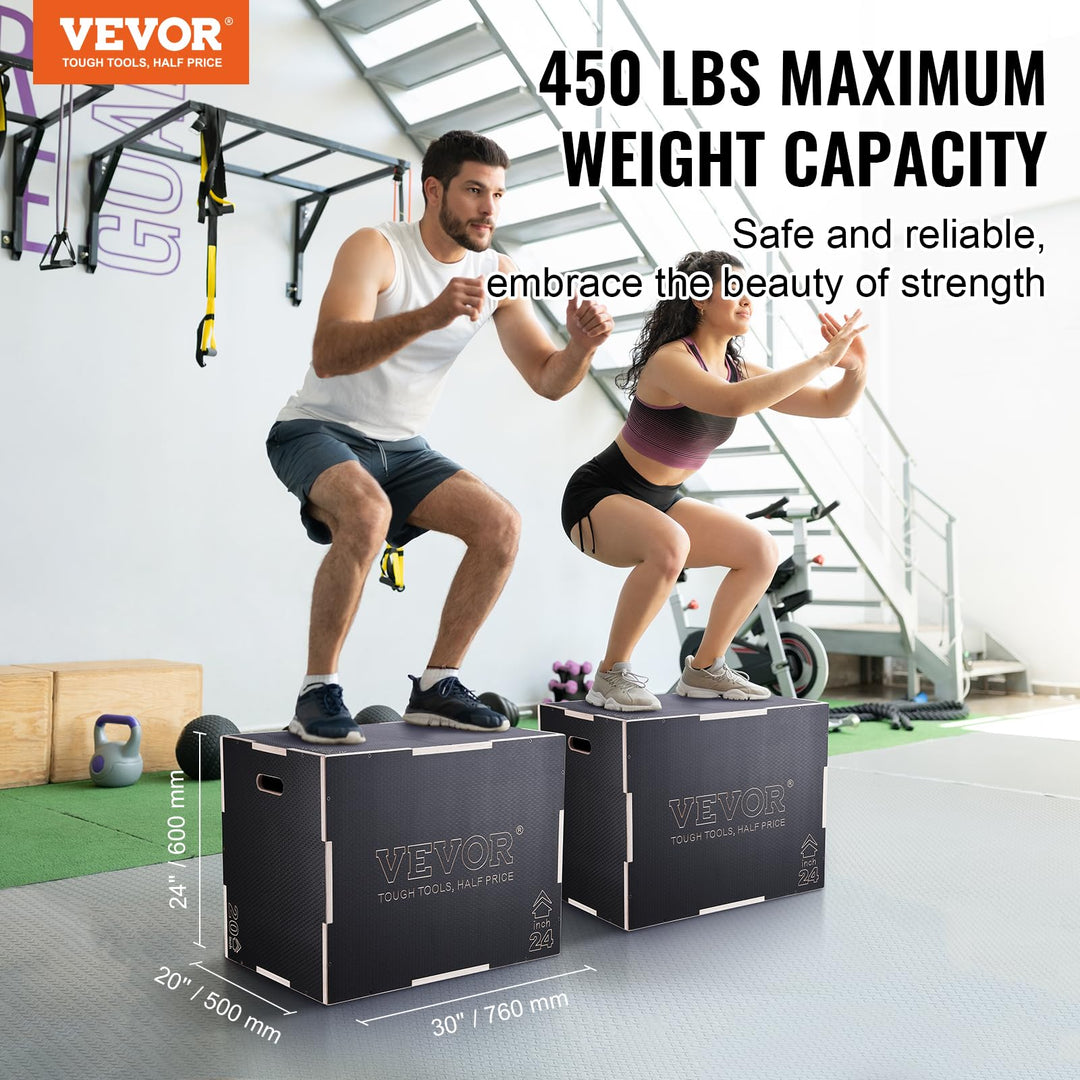 VEVOR 3 in 1 Plyometric Jump Box, Easy-to-Assemble Wood Plyo Box for Jumping Trainers, Home Gym Training and Conditioning, 30" x 24" x 20"