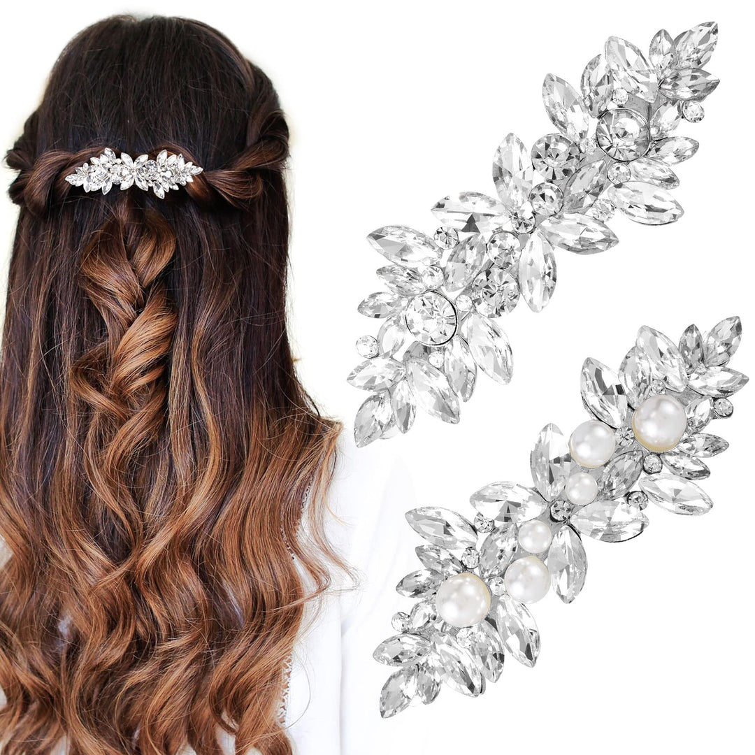 Hinzic 2Pcs Rhinestone Hair Clips Flower Hair Barrettes Crystal Pearl French Hairpins Hair Clip Sparkle Wedding Prom First Commu