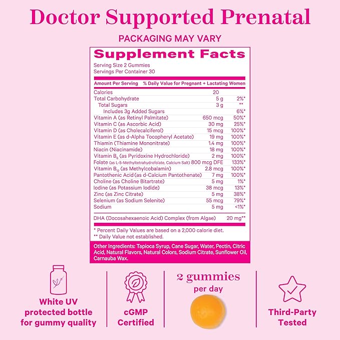 Pink Stork Premium Prenatal Gummy Vitamins with DHA, Folate, and Vitamin D - 60 Vegan Gummies - 2 Pack