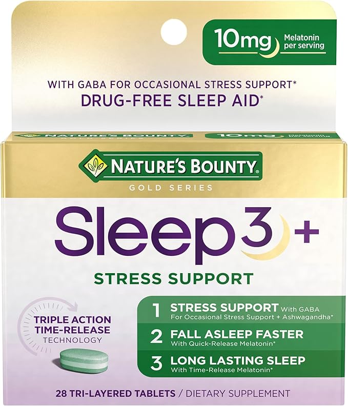 Stress Support Melatonin by Nature's Bounty, Sleep3 Maximum Strength 100% Drug Free Sleep Aid, Dietary Supplement with Ashwagandha, Time Release Technology, 10mg, 28 Tri-Layered Tablets