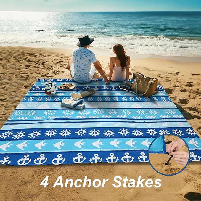 Beach Blanket Waterproof Sandproof, 79" x 83" Extra Large Sand Free Quick Drying Beach Mat, Compact Outdoor Picnic Mat for Travel, Hiking, Camping (Blue Stripes)