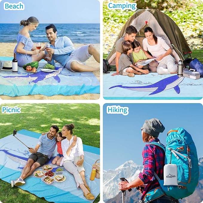 Large Beach Blanket Oversized Beach Mat Intimate Choice of Beach Accessories for Outdoor Travel Camping Hiking Good Gift (XL-BlueWhale)