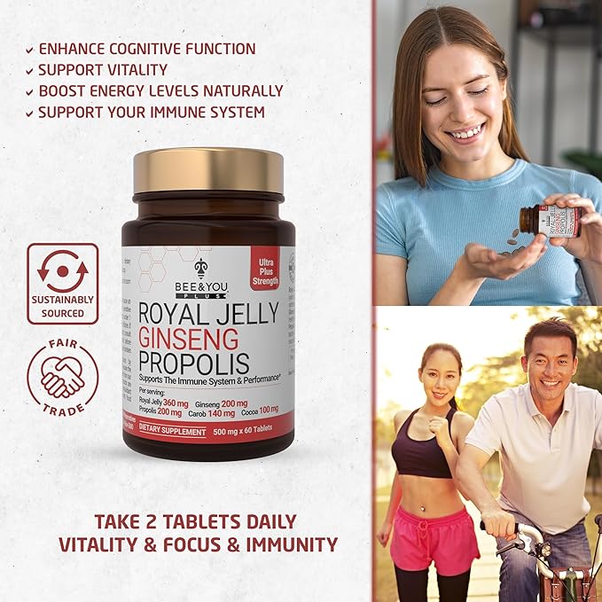 Bee and You Royal Jelly with Ginseng Tablet, Propolis Extract, 60ct, 100% Natural Superfood, Ultra Pure, Immune Support Supplement, Antioxidants, Keto, Paleo, Gluten-Free