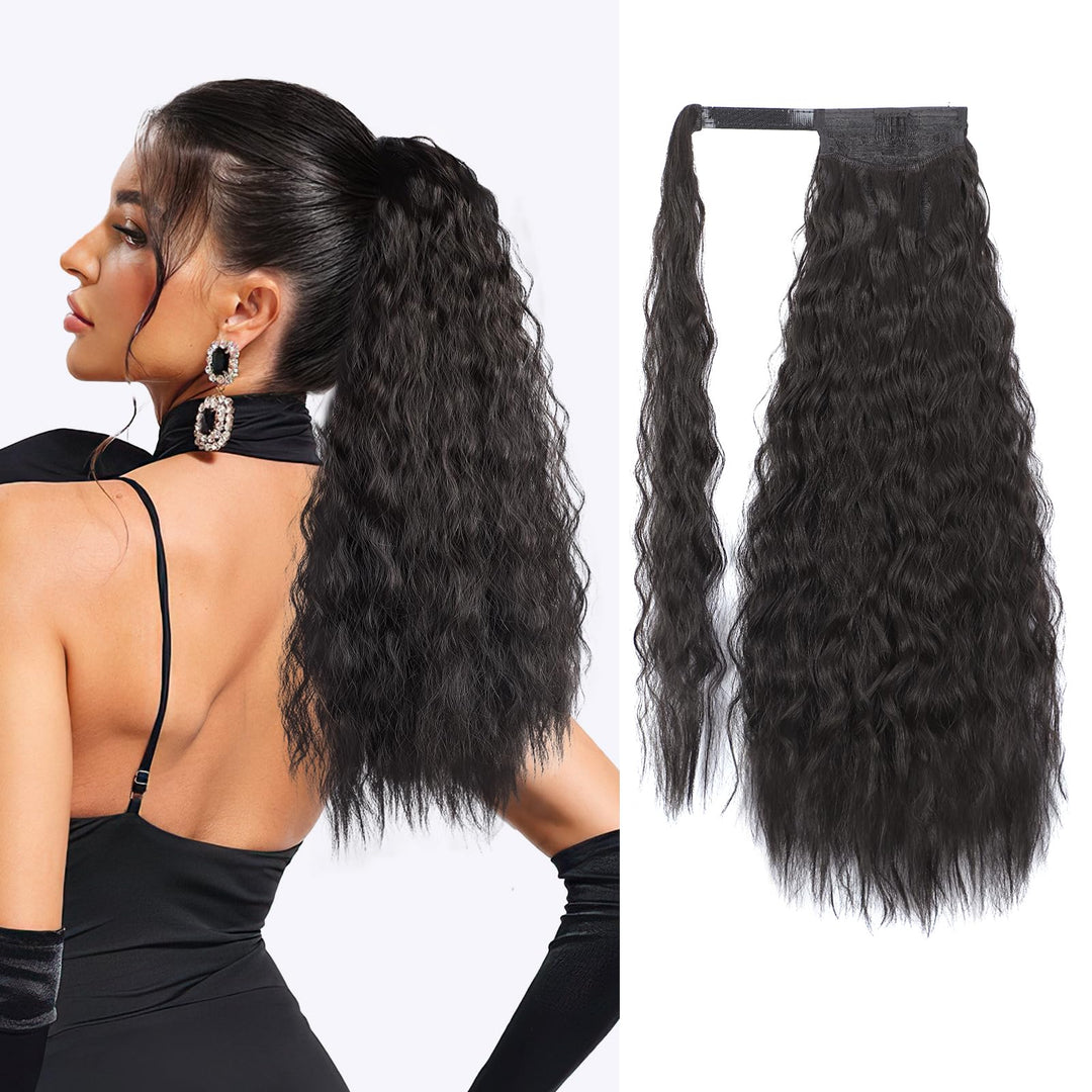 Stamped Glorious Long Corn Wave Ponytail Extension Magic Paste Heat Resistant Wavy Synthetic Wrap Around Ponytail or Women Black Hairpiece for Daily Party Use(18 Inch,Dark Brown)
