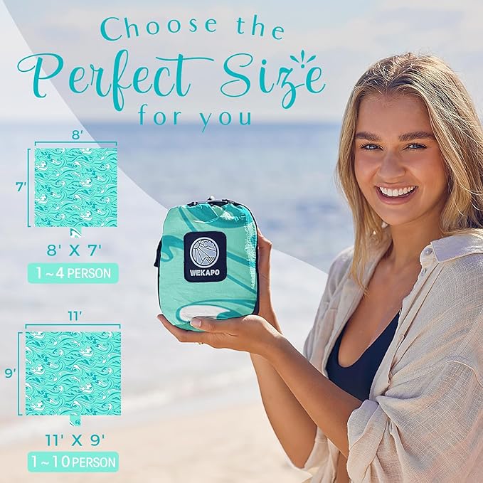 WEKAPO Beach Blanket Waterproof Sandproof Oversized Extra Large Sand Free Beach Mat with Stakes, Storage Bag - Essentials for Outdoor Beach, Picnic (Turquoise Ocean Waves, 8 X 7 FT (1~4 Person))