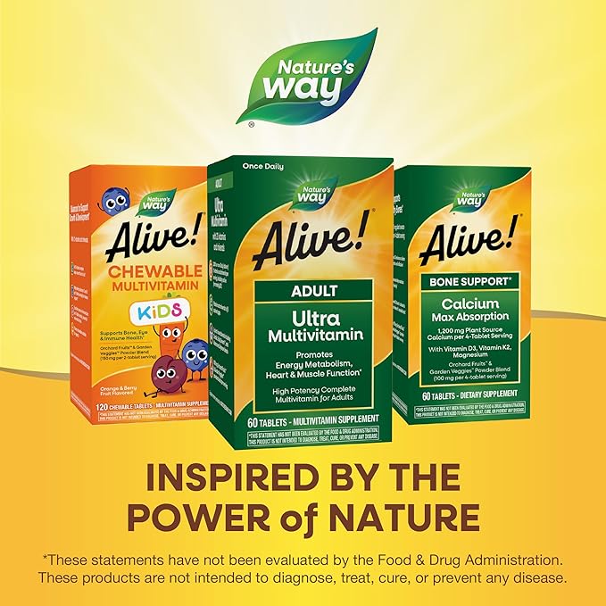 Nature's Way Alive! Adult Ultra Multivitamin, Promotes Energy Metabolism, Heart & Muscle Function*, with B-Vitamins Including Methylated B12, Gluten Free, 60 Tablets