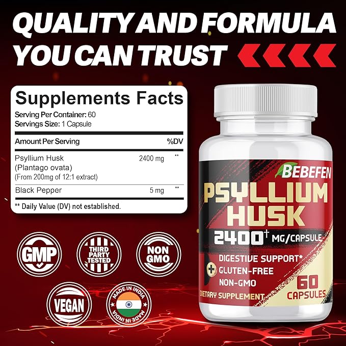 BEBEFEN Psyllium Husk Capsules 2400mg with Black Pepper - 2 Month Supply - Daily Soluble Fiber for Gut Health - Non-GMO and Gluten-Free Formula