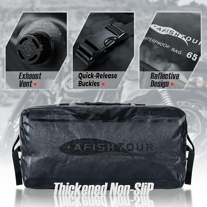 65L Waterproof Duffel Bag for Men and Women - Large Motorcycle Duffle Bag with Straps for Back Seat - Roll Top Dry Bag for Kayaking, Rafting, Boating, Swimming, Beach