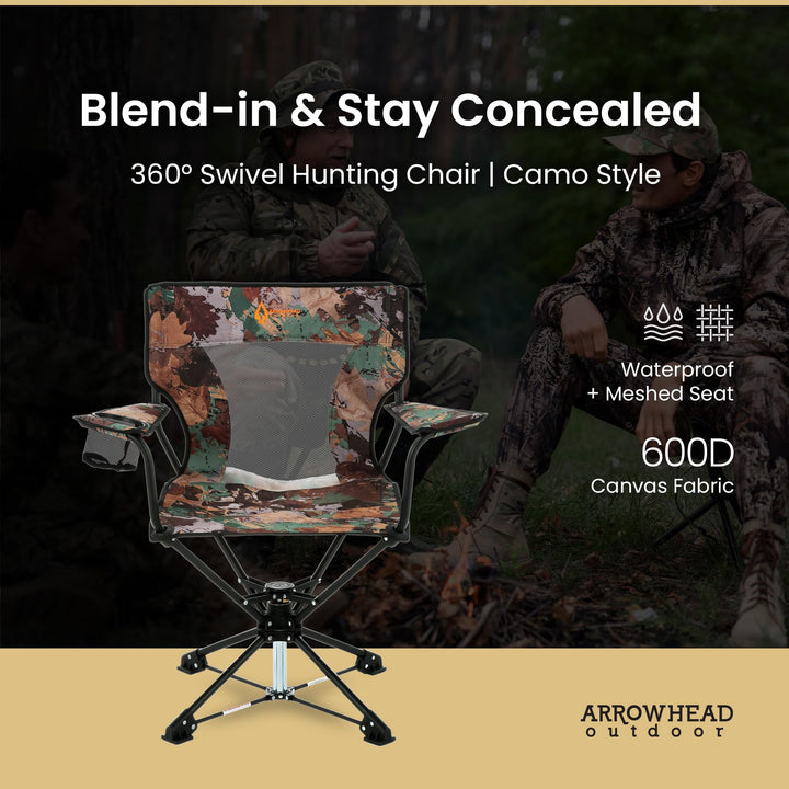 ARROWHEAD OUTDOOR 360° Degree Swivel Hunting Chair Stool Seat, Perfect for Blinds, No Sink Feet, Supports up to 450lbs, Carrying Case, Steel Frame, Fishing, High-Grade 600D Canvas, USA-Based Support