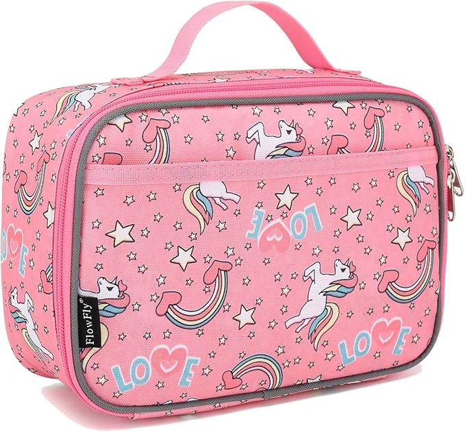 FlowFly Kids Lunch box Insulated Soft Bag Mini Cooler Back to School Thermal Meal Tote Kit for Girls, Boys, Unicorn