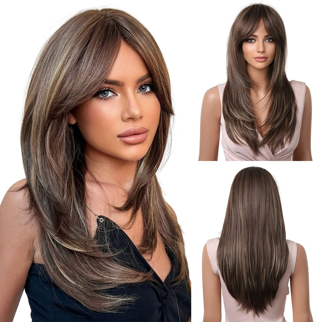Haircube Long Layered Synthetic Hair Wigs For Women With Bang(Brown With Highlights)