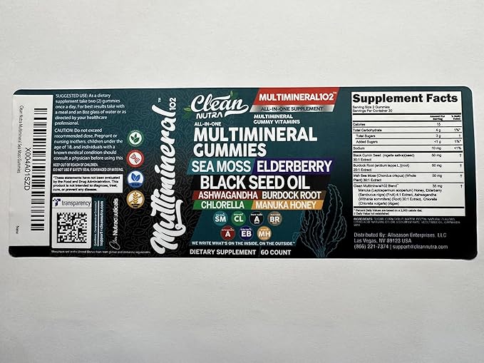 Clean Sea Moss Gummies | Black Seed Oil Ashwagandha, Elderberry, Burdock Root, Chlorella, Manuka Honey - Vegan Irish Sea Moss Gummy Vitamins For Adults Kids Men Women - Multimineral Green Apple Flavor