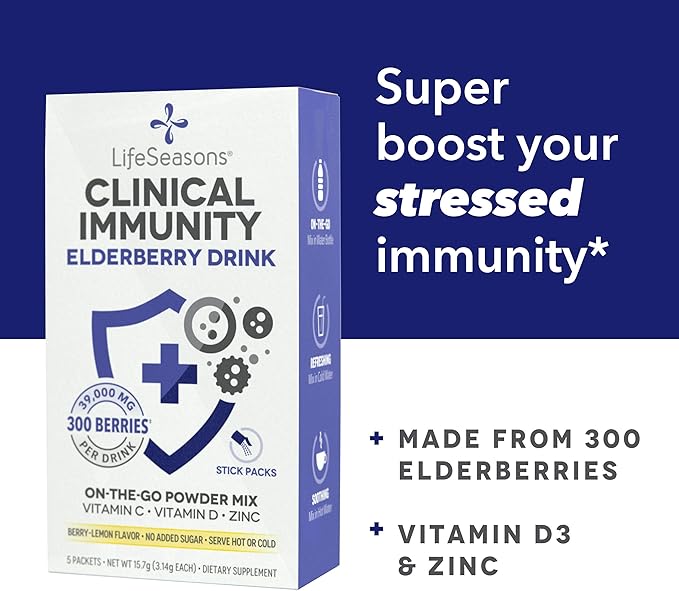 LifeSeasons Clinical Immunity - Elderberry Drink Mix - Protects & Fights for Healthy Immune Response - Immunity Booster - 3X Better Than Vitamin C - Serve Hot or Cold - Vitamin C + D + Zinc - (5 Pack)