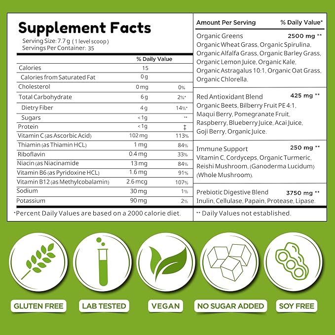 Greens Immune Support, Berry Superfood Blend Organic Vegan Greens + Reds Amazing Taste Mixed Berry Natural Flavor 270g (9.5 Oz) Detox, Gluten Free, Dietary Supplement