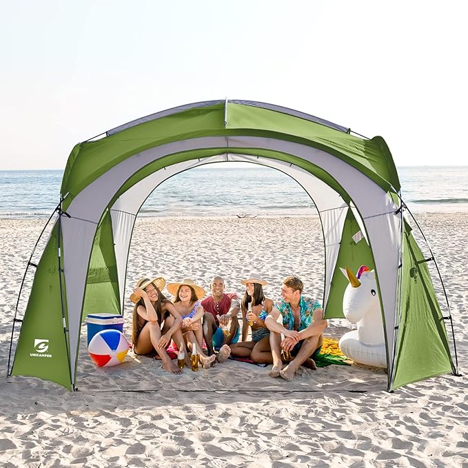 Beach Tent 12 X 12ft Large UPF50+ Pop Up Canopy with 2-Pcs Side Wall, Sun Shelter Rainproof, Waterproof for Camping Trips, Backyard Fun, Fishing, Parties, Or Picnics(Green)