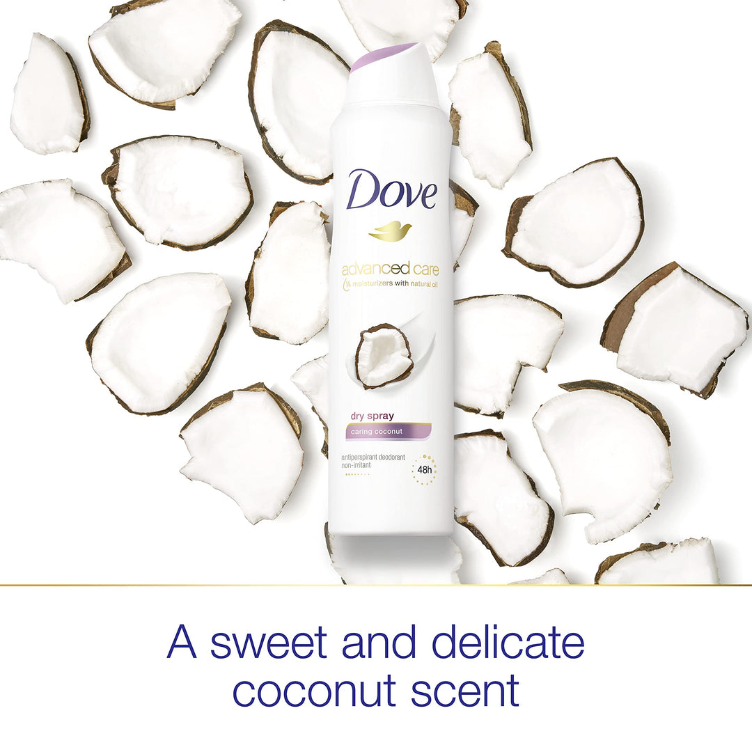 Dove Advanced Care Dry Spray Antiperspirant Deodorant Caring Coconut 3 Count For Women With 48 Hour Protection Soft And Comfortable Underarms 3.8 oz