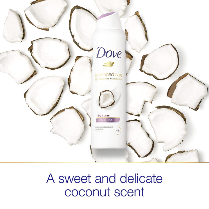Dove Advanced Care Dry Spray Antiperspirant Deodorant Caring Coconut 3 Count For Women With 48 Hour Protection Soft And Comfortable Underarms 3.8 oz