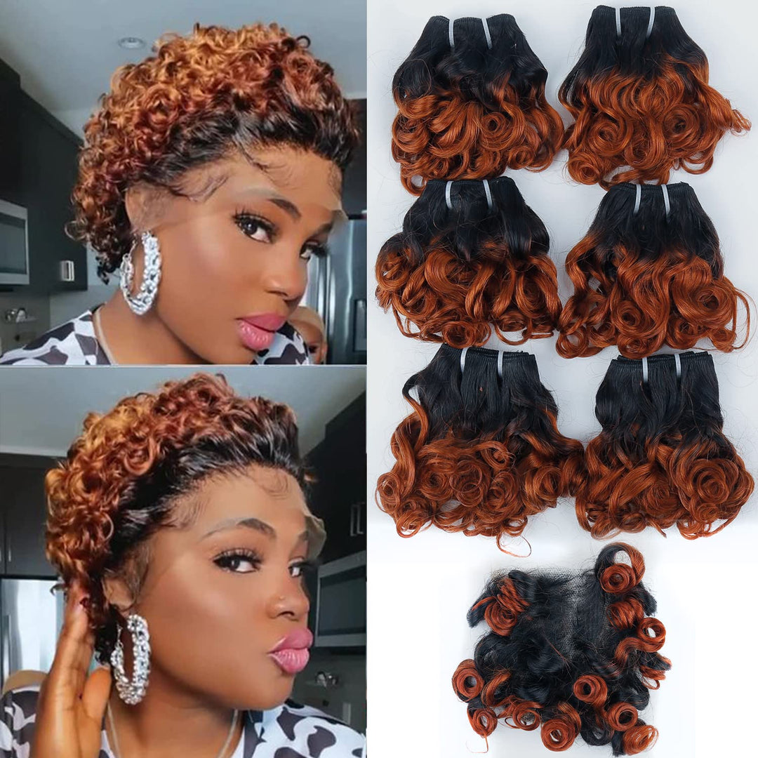 Short Curly Wavy Bundles With Closure Ombre 1B/Ginger Brazilian Wavy Curly 6 Bundles With 4X4 Closure(8 8 8 8 8 8+8) Unprocessed