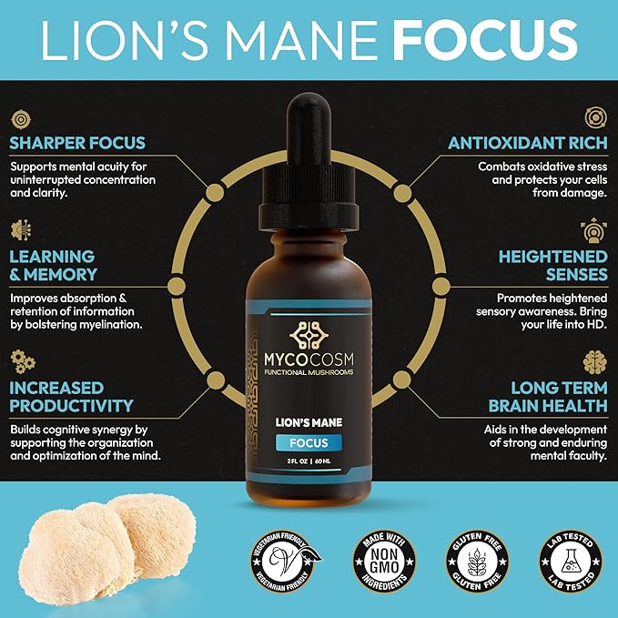 Lion's Mane Mushroom Supplement - Mushroom Extract to Support Focus & Memory - Mushroom Drops - Brain Health - Non-GMO, Vegan, Lab Tested - 2Fl Oz 60 Servings